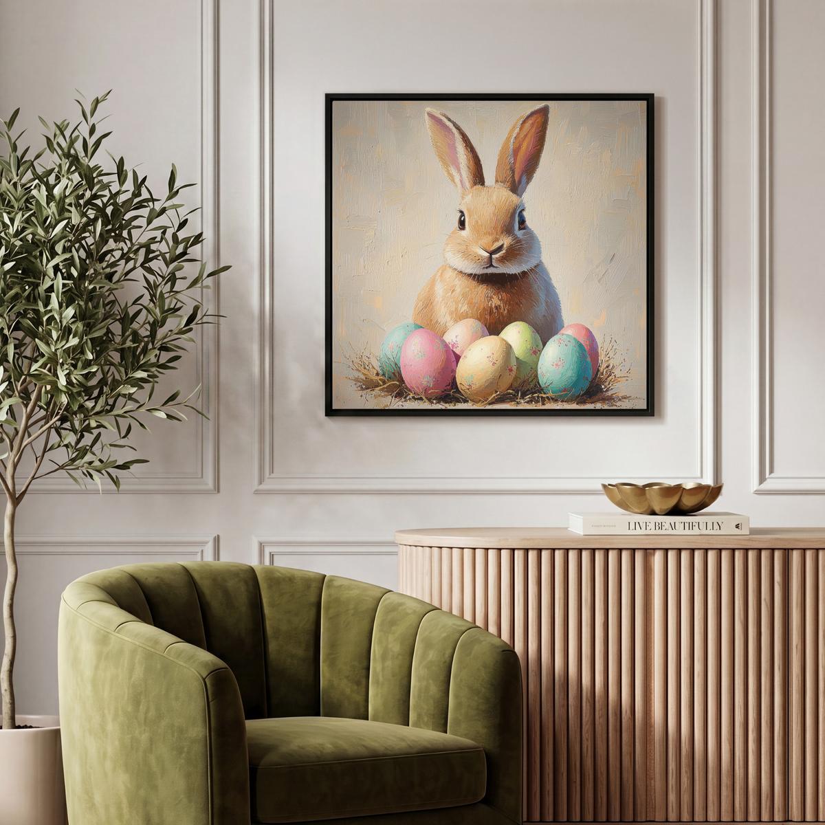 LEINWAND Bilder mit Rahmen - Osterhase - Pastell - Eier - 50x50 - Beige, Textil (50/50cm) - MuchoWow