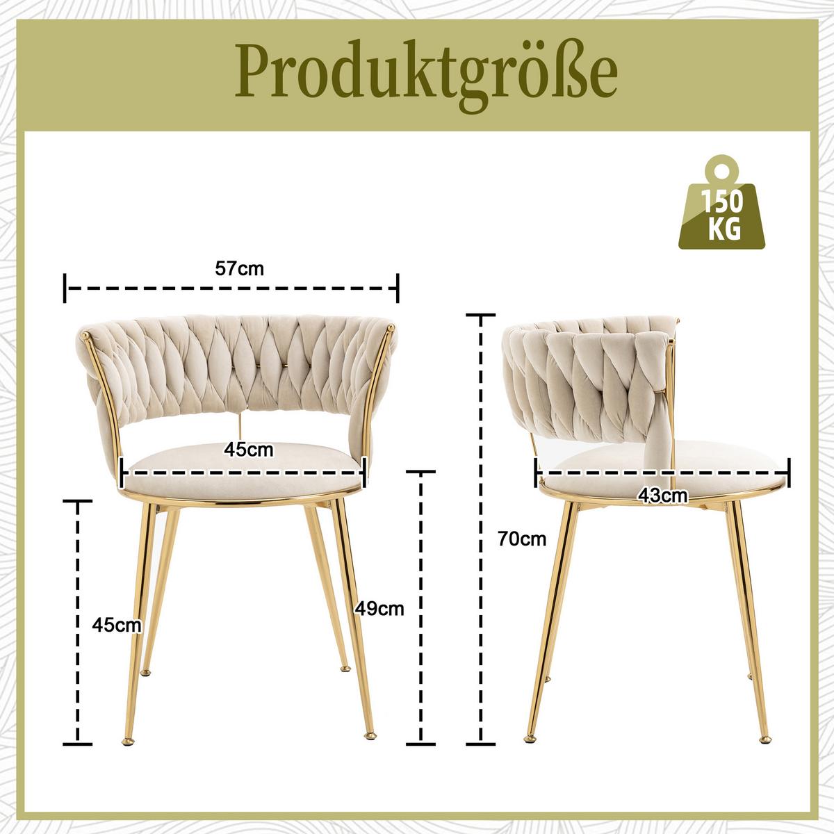 ESSZIMMERSTUHL 2er Set Samt Ivory & Gold mit geflochtener Rückenlehne - Magnolie, Textil (57/70/43cm) - Urban Meuble
