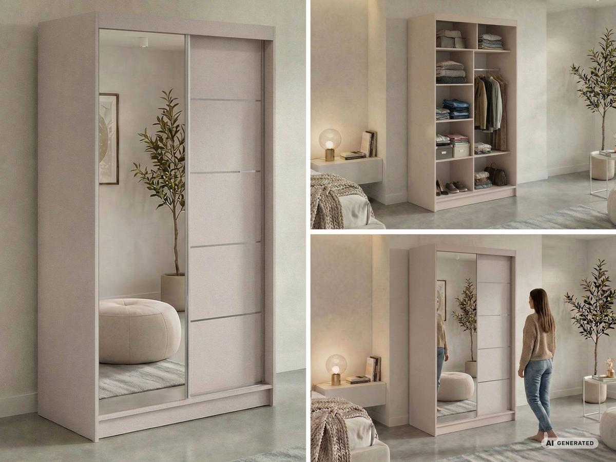 SCHWEBETÜRENSCHRANK 120 - SKORIA - Kaschmir mit Spiegel - Kaschmir/Alufarben, Holzwerkstoff/Metall (120/216/61cm) - MKS