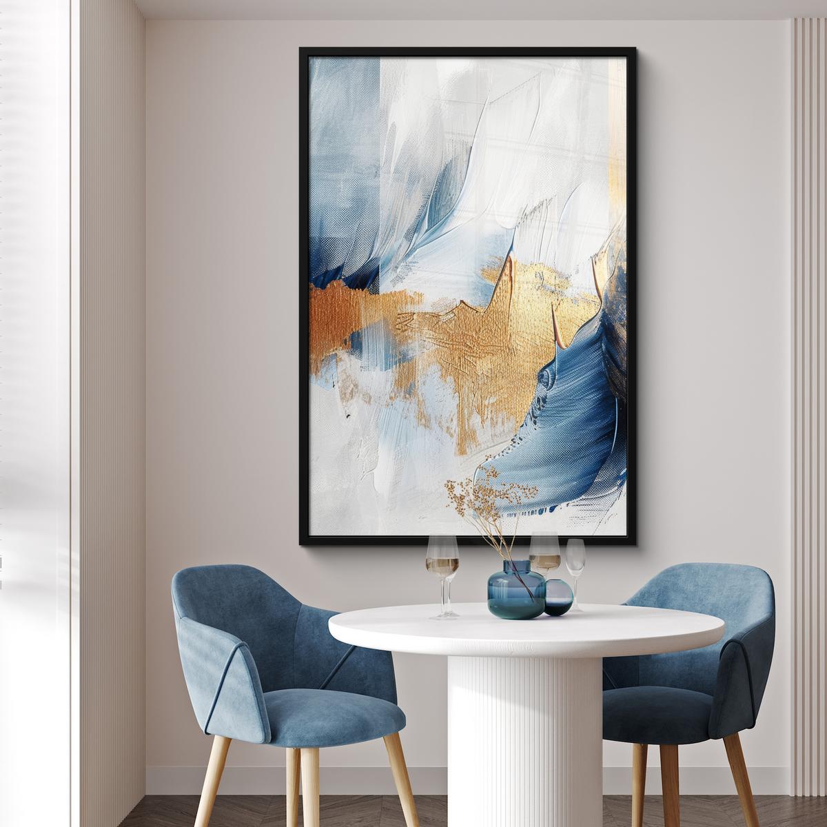 POSTER MIT RAHMEN Gold - Blau - Aquarell - Kunst - Modern Bilderleiste 80x120 cm - Hellblau, Papier (80/120cm) - MuchoWow