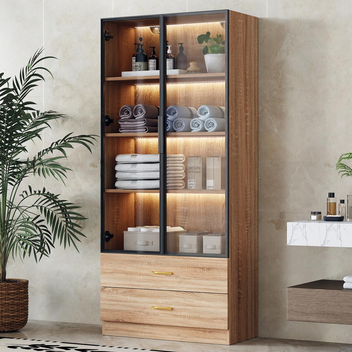 VITRINENSCHRANK mit 2 Schubladen und 2 Türen 74/34.5/170 cm - Braun, Glas/Holzwerkstoff (34/170/70cm) - Urban Meuble