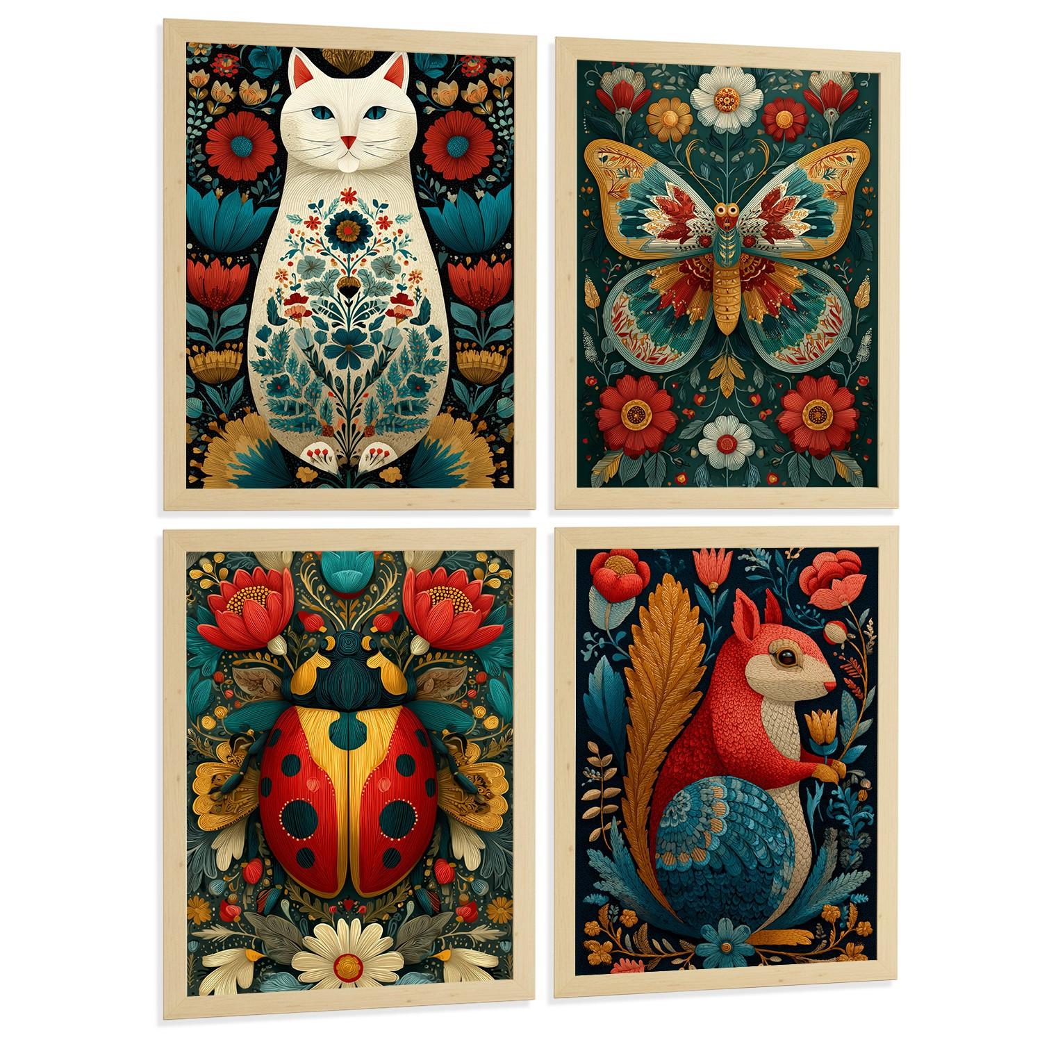 POSTER 4er-Set farbenfrohe Kunstdrucke im Folk-Art-Stil, Tiere und Blumen-Dekorationsbilder, im botanischen Stil für Wohnzimmer Leichter Holzrahmen A4 - Beige, Papier (29.7/21/3cm) - Nacnic