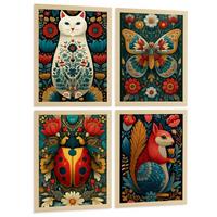 POSTER 4er-Set farbenfrohe Kunstdrucke im Folk-Art-Stil, Tiere und Blumen-Dekorationsbilder, im botanischen Stil für Wohnzimmer Leichter Holzrahmen A4 - Beige, Papier (29.7/21/3cm) - Nacnic