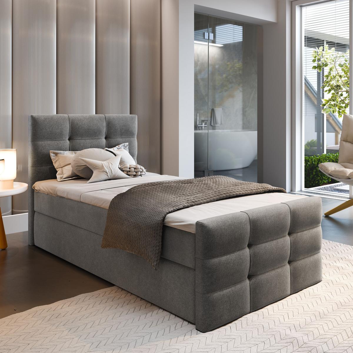 BOXBETT AMON 90 90x200 cm mit Matratze und Topper - Grau - Grau, Holz (90/200cm) - MASSENO