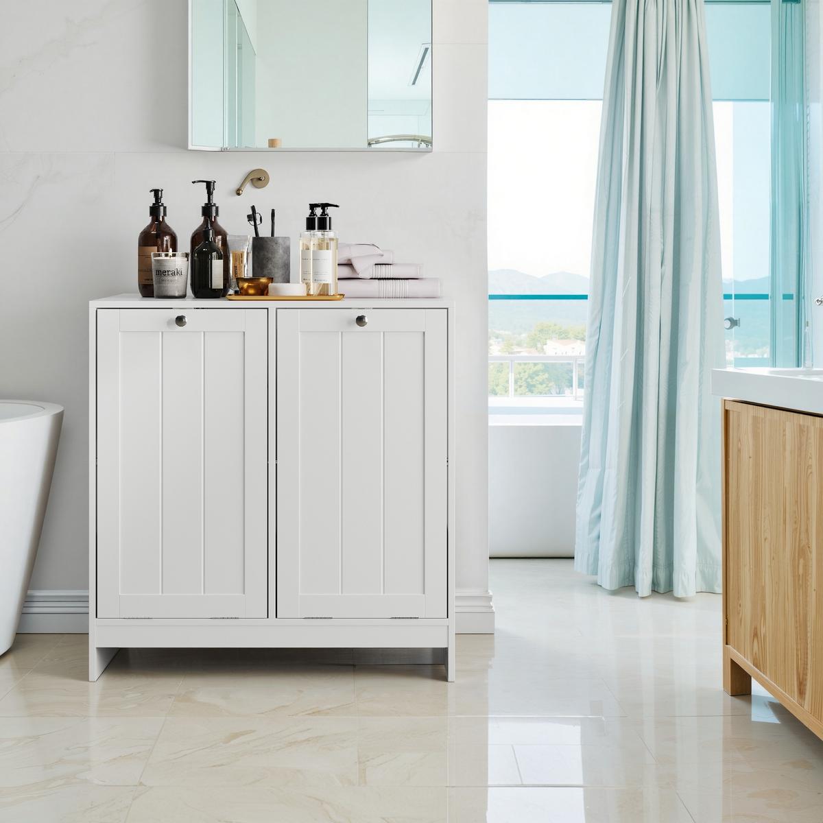 BADEZIMMERSCHRANK Kippbar Weiß mit 2 Fächern & Herausnehmbaren Körben - Weiß, Holzwerkstoff (66/68/33cm) - Urban Meuble