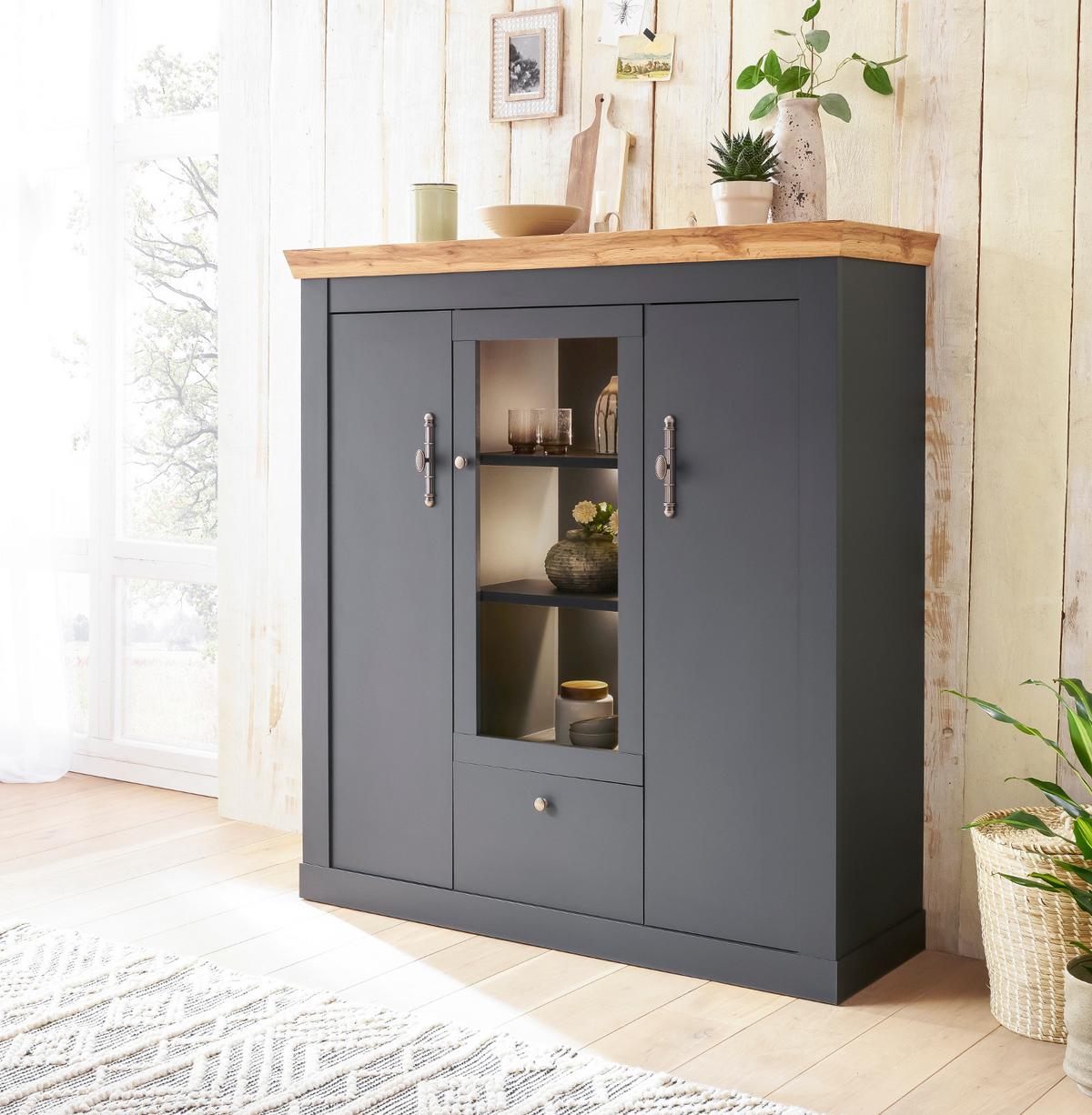 ESSZIMMER-SET 3-teilig grau, Eiche Wotan, Landhaus, Speisezimmer mit Soft-Close - Silberfarben/Eiche Wotan, Glas/Holzwerkstoff (146/169/90cm) - Furn.Design