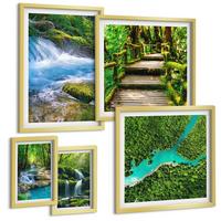 BILDER SET 5er Set - 50x50 cm & 20x30 cm & 40x60 cm Goldrahmen - Grüne Berge, Flussfelsen - Goldfarben, Kunststoff (40/60cm) - TULUP
