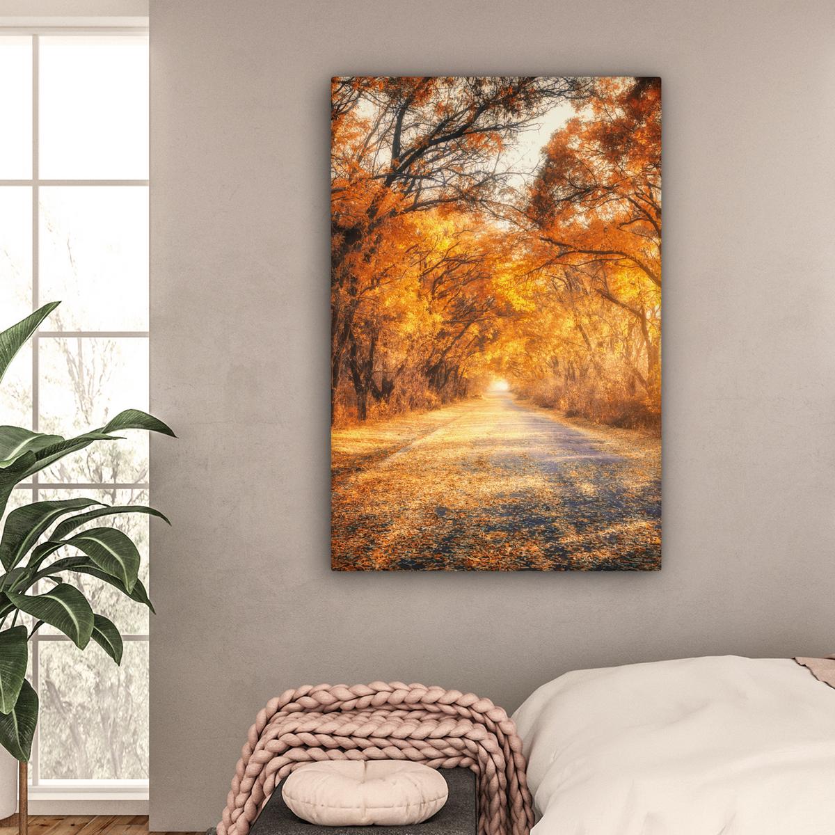 LEINWANDBILD Wald - Herbst - Bäume - Waldweg - Natur Deko Groß 90x140 cm - Bernsteinfarben, Textil (90/140cm) - MuchoWow