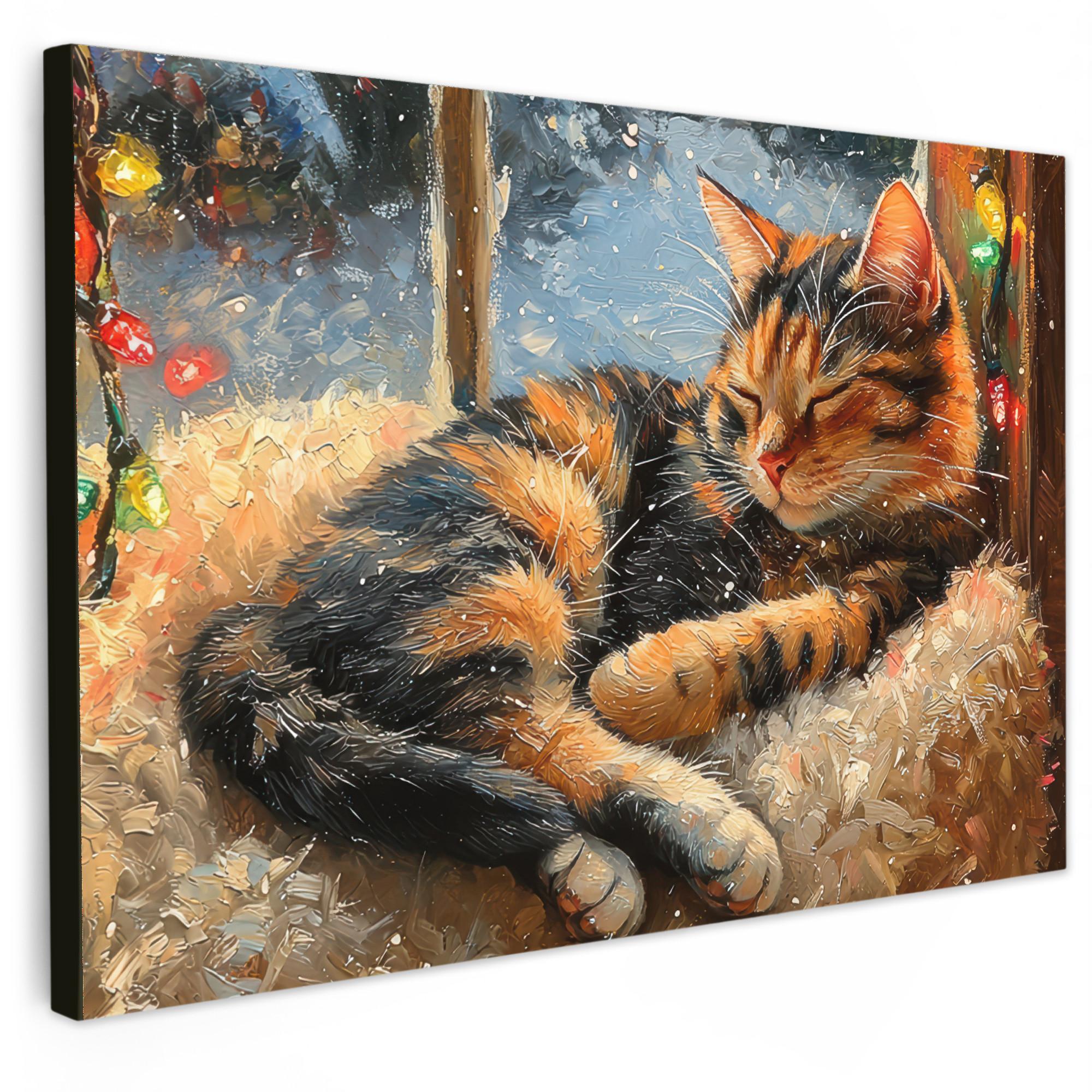 LEINWANDBILD Katze - Weihnachten - Winter - Tier XXL 150x100 cm - Bernsteinfarben, Textil (150/100cm) - MuchoWow