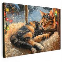 LEINWANDBILD Katze - Weihnachten - Winter - Tier Gemälde 60x40 cm - Bernsteinfarben, Textil (60/40cm) - MuchoWow