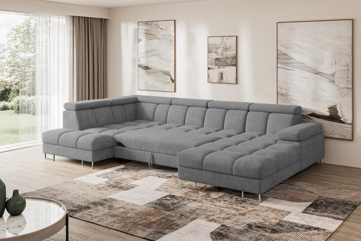 WOHNLANDSCHAFT mit Schlaffunktion und Bettkasten Ottomane Links COMA U 345x203x79 Grau Velours - Grau, Holzwerkstoff/Textil (345/79/203cm) - ALTDECOR