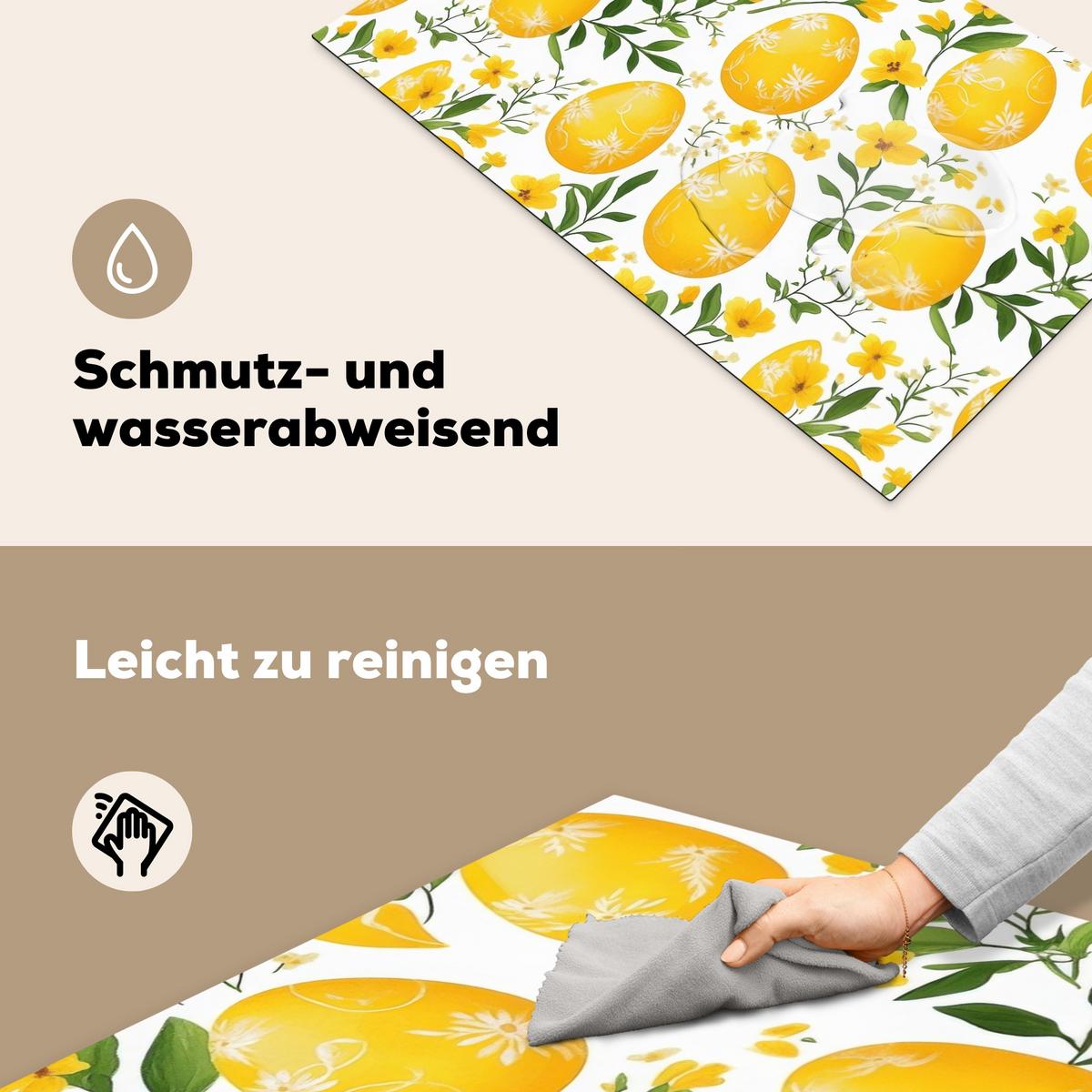 HERDABDECKPLATTE Blumen - Ostereier - Gelb Induktionsmatte 83x51 cm - Gelb, Kunststoff (83/51.5/0.2cm) - MuchoWow