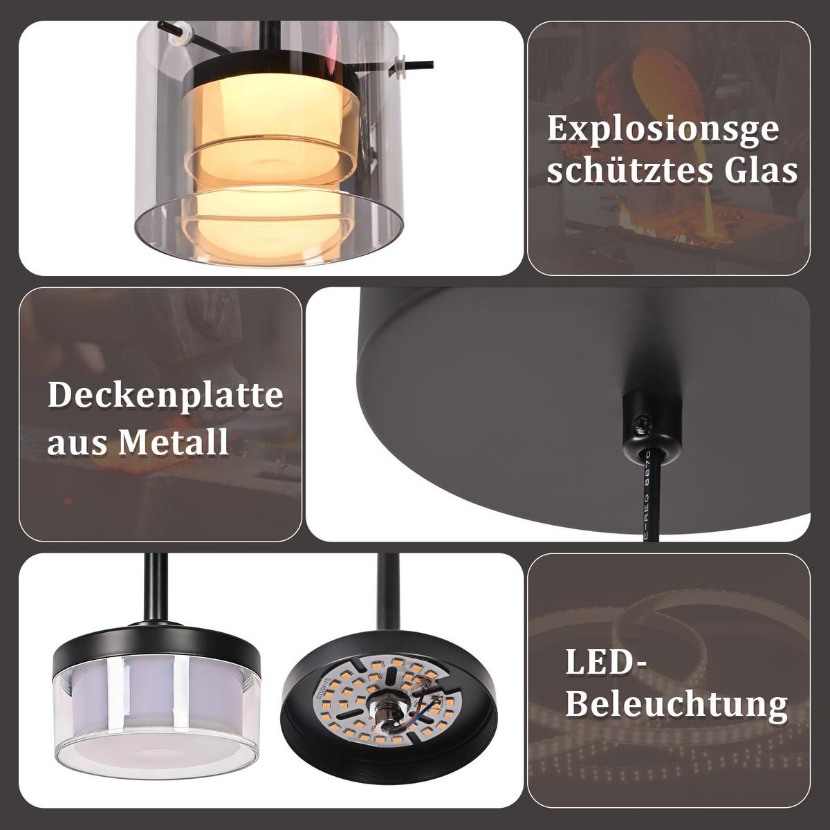 PENDELLEUCHTE Azaryn 12/12/160 cm - Schwarz, Glas/Metall (12/12/160cm) - ZMH