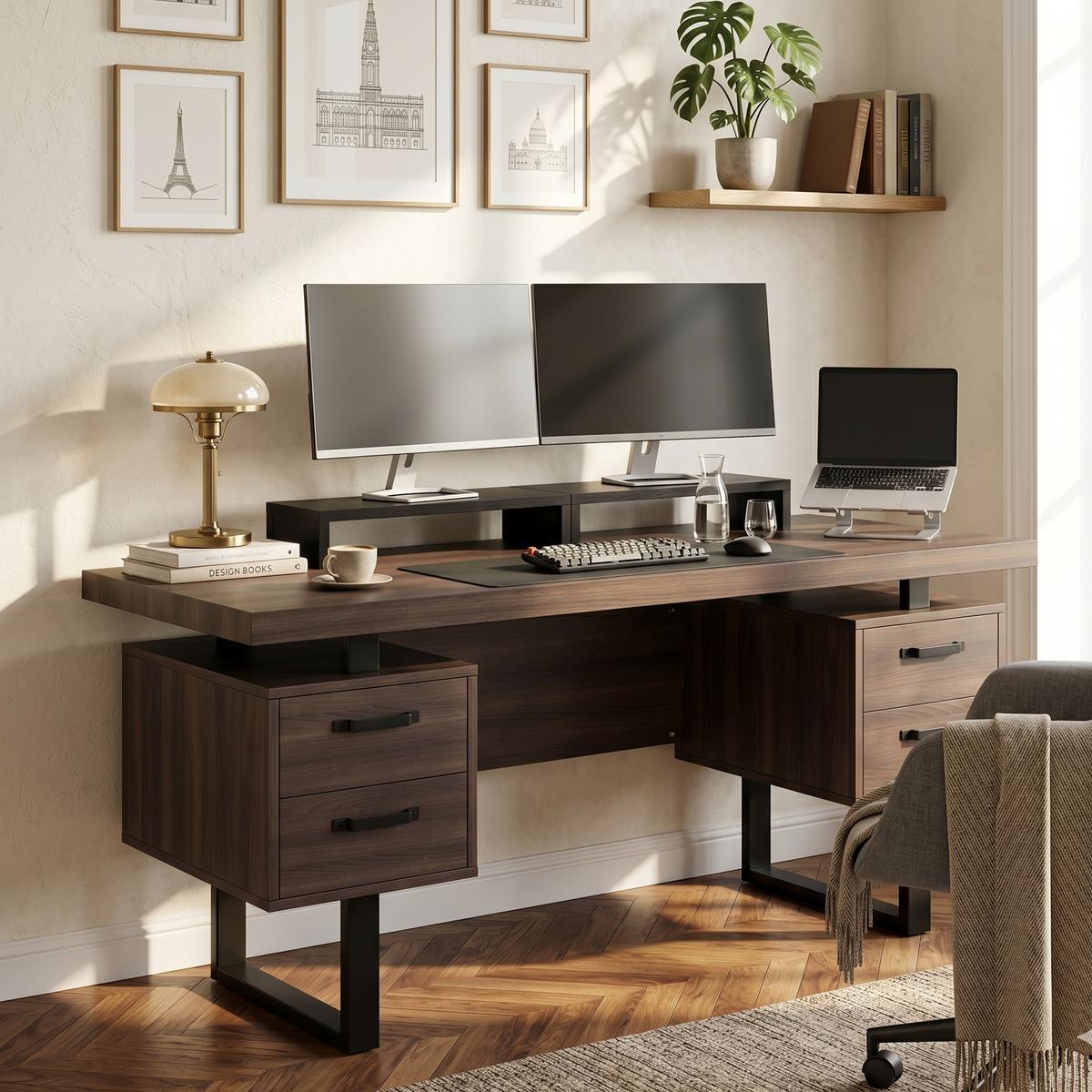 BÜROSCHREIBTISCH braun-schwarz, Stahlgestell, 3 Schubladen - Walnussfarben, Holzwerkstoff (54/135/76cm) - Urban Meuble
