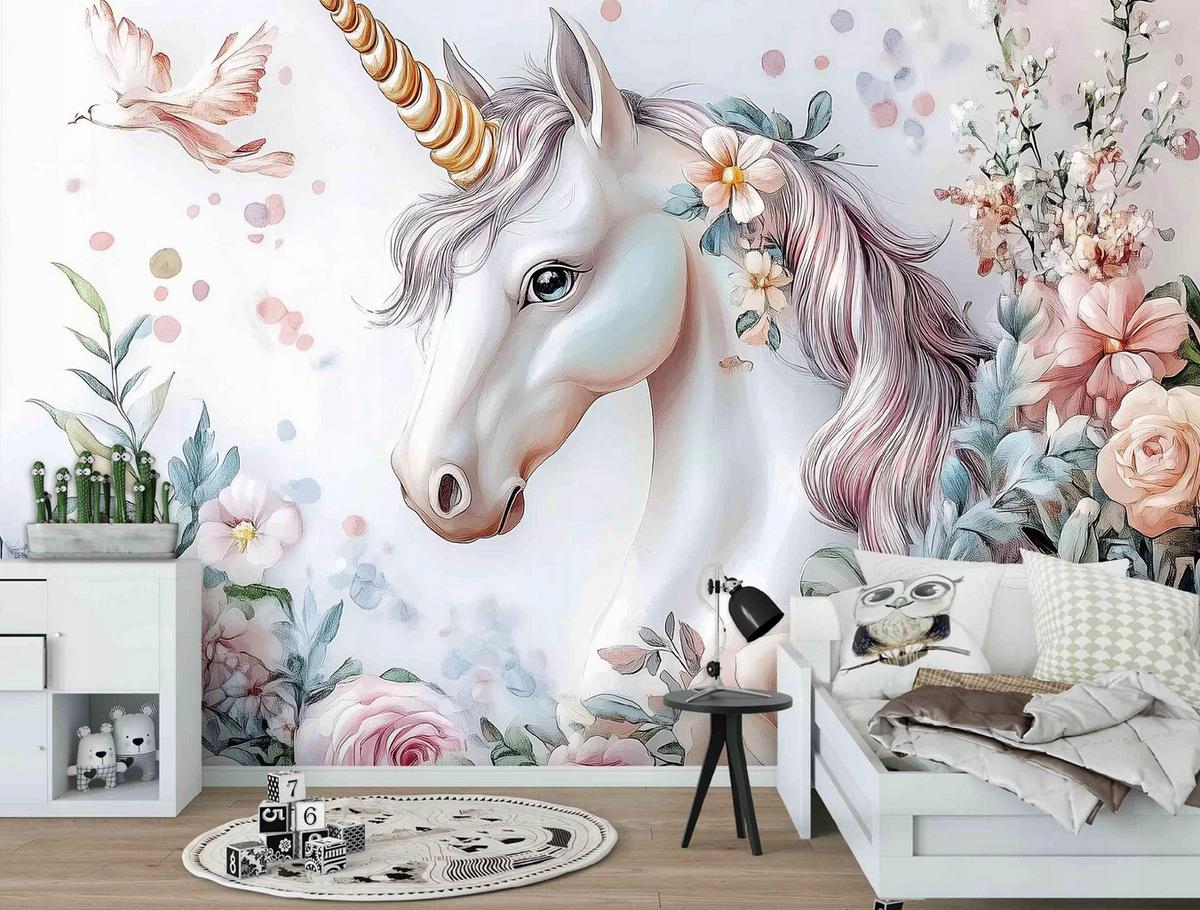 FOTOTAPETE Kinderzimmer Einhorn Blumen 300x210 - Multicolor, Papier (300/210cm) - Wallarena
