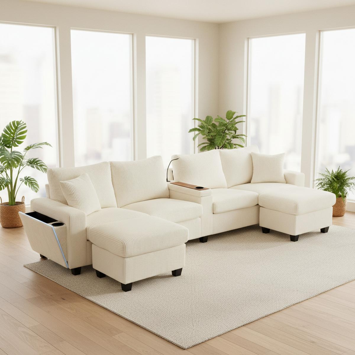 ECKSOFA aus Cord in Beige mit LED Beleuchtung & smarten USB-Anschlüssen - Beige, Textil (128/334cm) - Urban Meuble