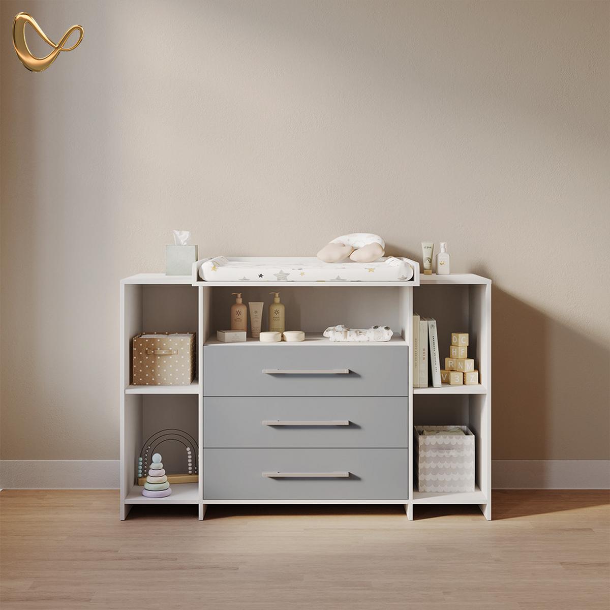 WICKELKOMMODE Torino Weiß/Grau XL mit Schubladen - Weiß/Grau, Holzwerkstoff (143/100/70cm) - Livinity®