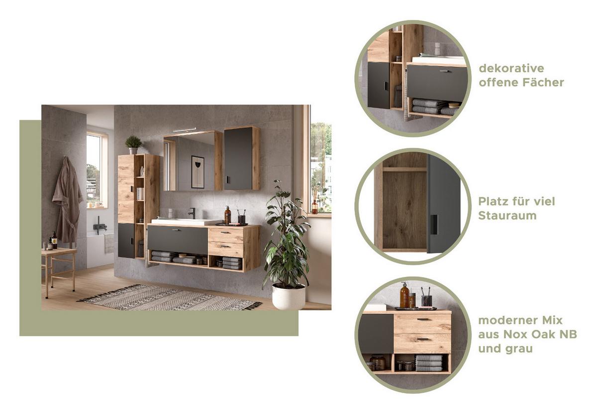 WASCHTISCH Eiche, grau matt 138 cm, Waschbeckenunterschrank mit Waschbecken - Eichefarben/Grau, Holzwerkstoff/Kunststoff (140/50/48cm) - Inn.Furn