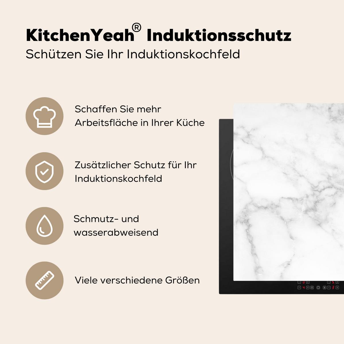 HERDABDECKPLATTE Marmor - Grau - Weiß - Strukturierter Marmor Induktionsmatte 77x51 cm - Weiß, Kunststoff (77/51/0.2cm) - MuchoWow