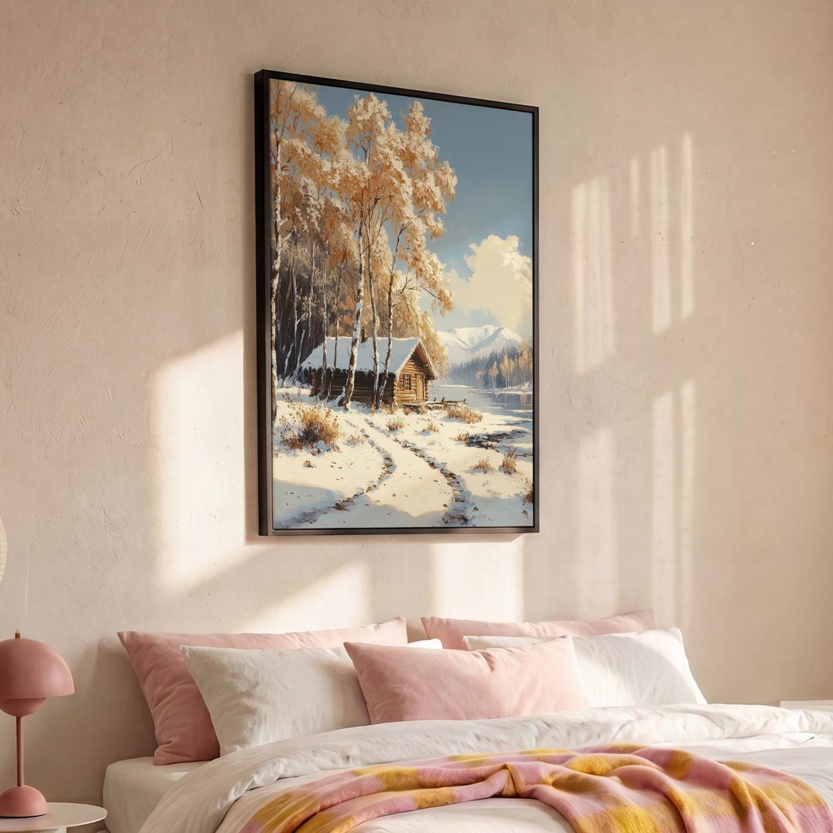 LEINWAND Bilder mit Rahmen - Winter - Schnee - Zuhause - Natur - 90x140 - Hellbraun, Textil (90/140cm) - MuchoWow