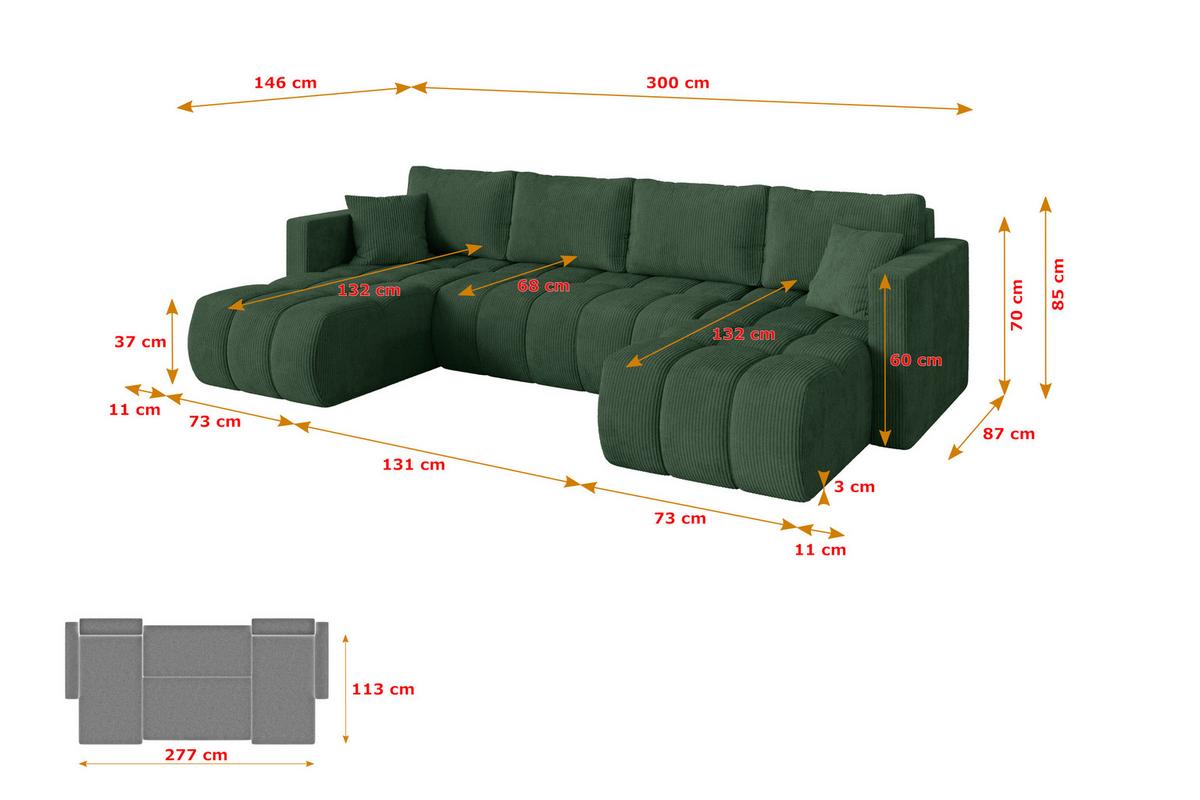 WOHNLANDSCHAFT mit Schlaffunktion und Bettkasten GARD-U 300x146x85 Grün Cord - Dunkelgrün/Schwarz, Holzwerkstoff/Kunststoff (300/85/146cm) - ALTDECOR
