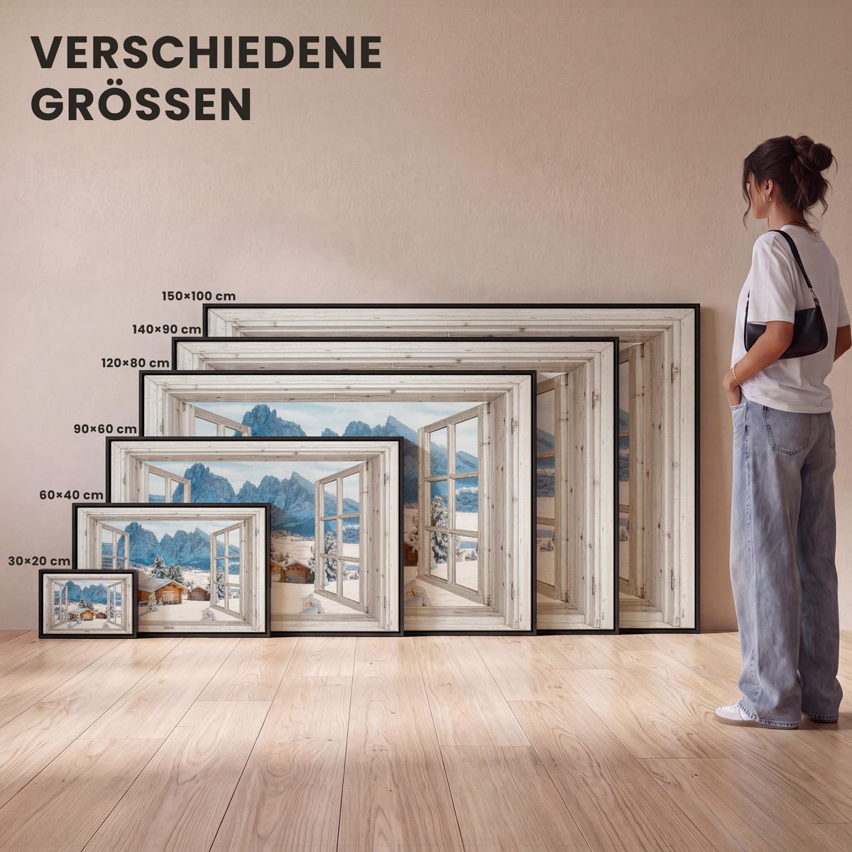 LEINWAND Bilder mit Rahmen - Winterlandschaft - Hütte - Berge - Ausblicke - Aussicht - Natur - 90x60 - Weiß Hochglanz, Textil (90/60cm) - MuchoWow