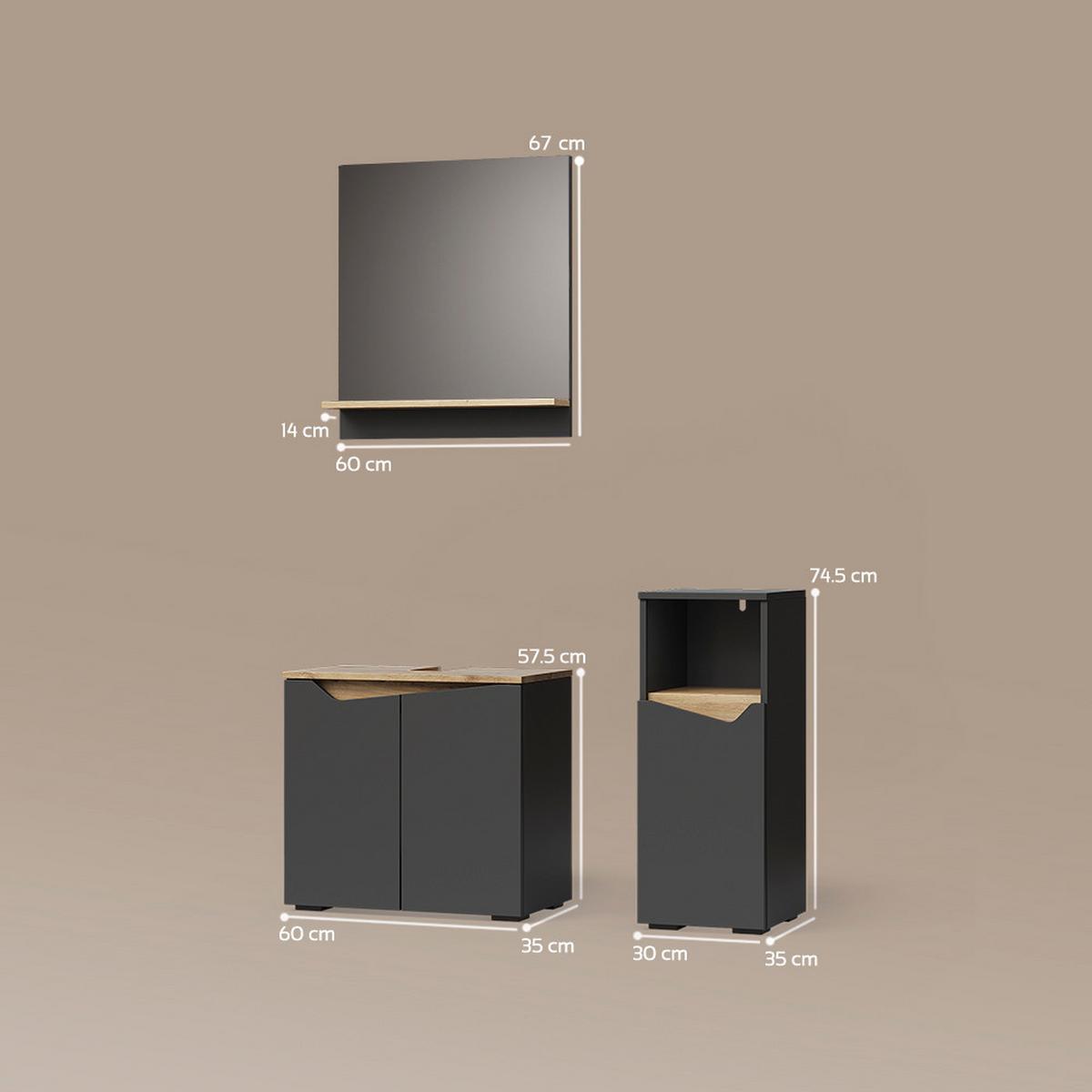 BADMÖBEL-KOMBINATION Timavo Anthrazit 3 Teile, mit Midischrank - Anthrazit, Holzwerkstoff (60/57/35cm) - Livinity®