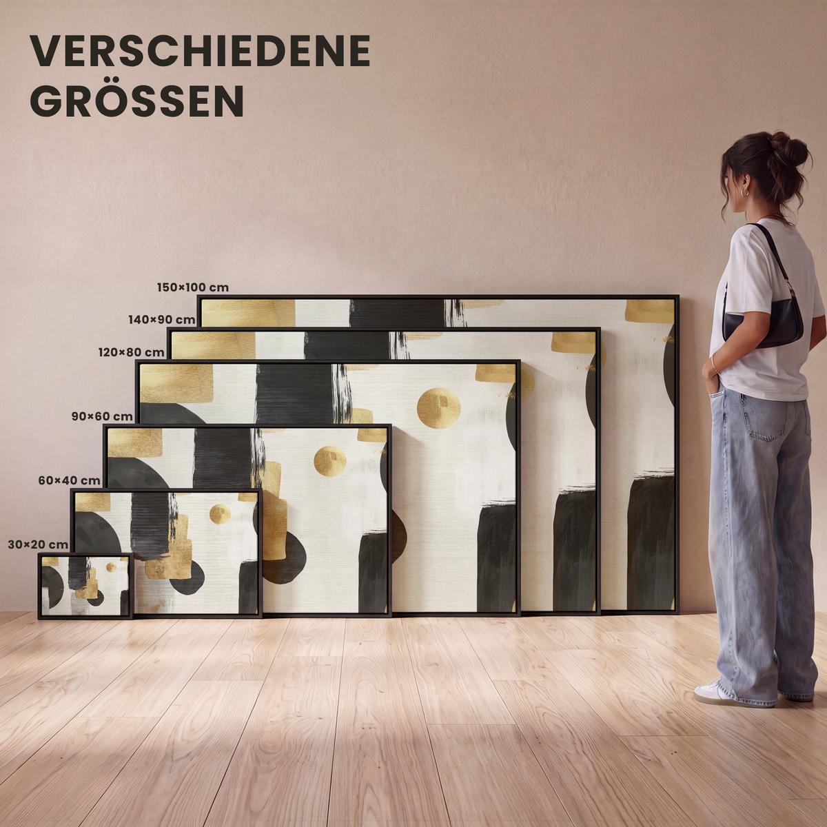 LEINWAND Bilder mit Rahmen - Gold - Rechtecke - Kreise - Abstrakt - 120x80 - Weiß, Textil (120/80cm) - MuchoWow