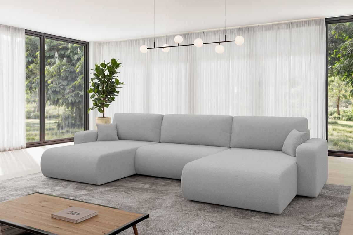 WOHNLANDSCHAFT mit Schlaffunktion und Bettkasten BERY-U 377x193x88 Hellgrau Bouclé - Silberfarben/Hellgrau, Holzwerkstoff/Kunststoff (377/88/193cm) - ALTDECOR