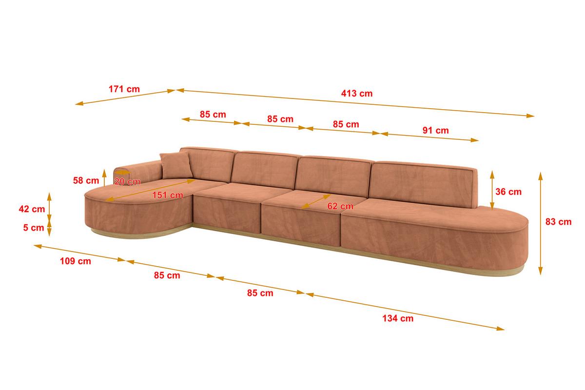 ECKSOFA Ottomane Links MARI-L3-v2 - 413x171x83 cm Orange Velours - Orange, Holzwerkstoff/Textil (413/171cm) - ALTDECOR