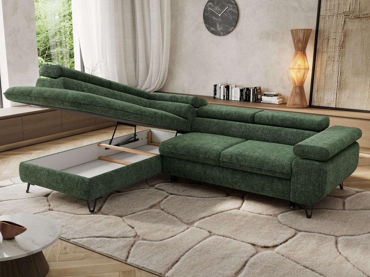 ECKSOFA PABLO L Dunkelgrün Schenille grob gewebt - Links Seite - Dunkelgrün/Schwarz, Textil/Metall (208/273cm) - MKS