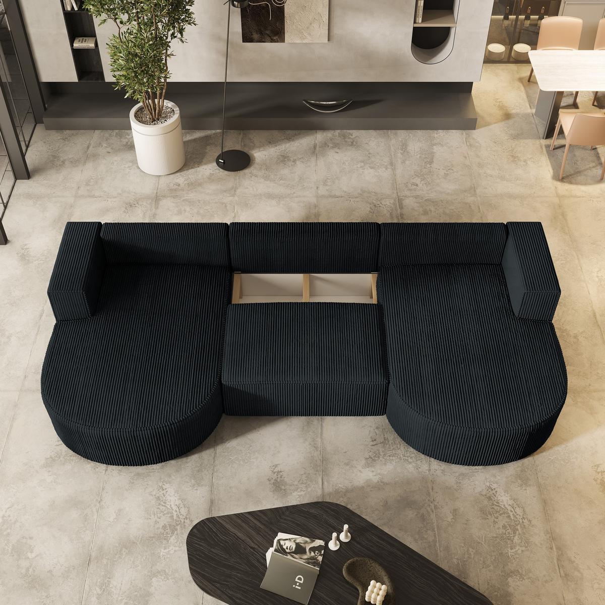 WOHNLANDSCHAFT VEZZO P Schwarz Kordstoff mit Schlaffunktion - Schwarz/Grau, Holz/Kunststoff (347/85/174cm) - MASSENO