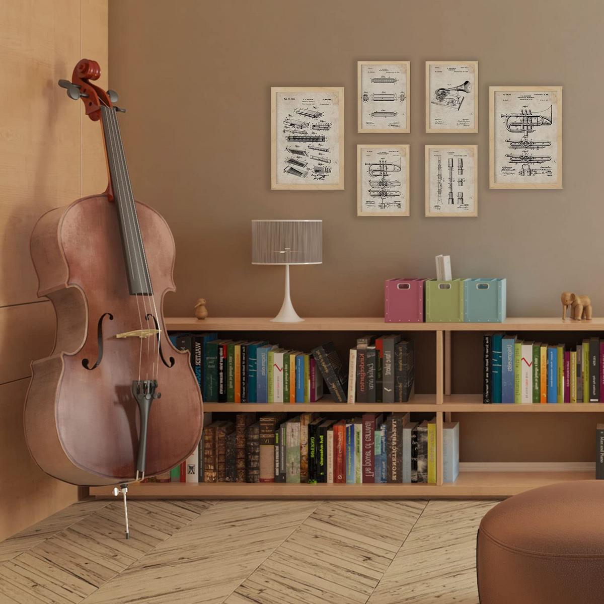 POSTER Set Mit 6 Mit Blasinstrument Patenten Im Vintage Stil A3 & A4 Rahmen Aus Hellem Holz - Beige, Papier (29/3cm) - Nacnic