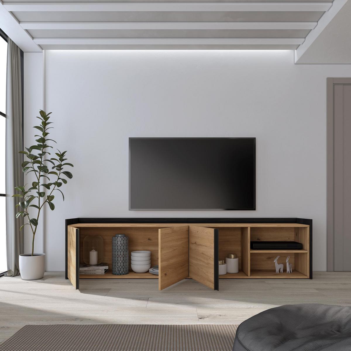 LOWBOARD, Eiche und Schwarz, 207/35/50cm - Braun, Holzwerkstoff (207/50/35cm) - Skraut Home