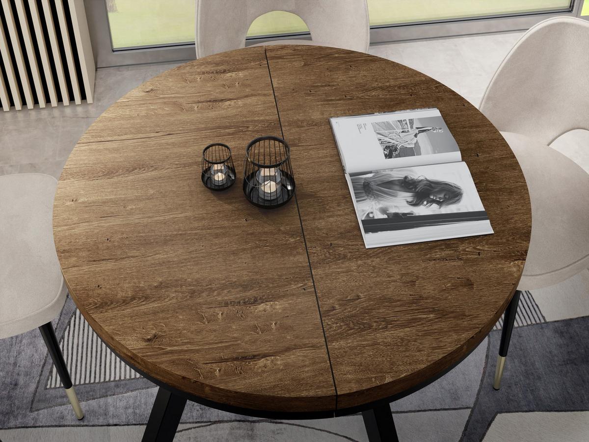 ESSTISCH Twixy runder ausziehbarer, Lefkas Eiche 90-170/90/76 cm - Alteiche/Schwarz, Holz/Holzwerkstoff (90/170/76cm) - WFL GROUP