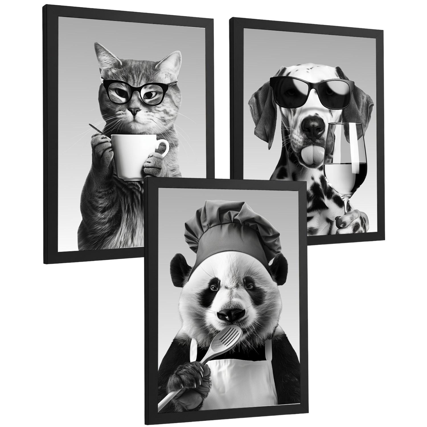 POSTER 3er Set Lustige Tiere Schwarz Weiß Wandbilder Katze Dalmatiner und Panda Koch Küche Wanddeko Rahmenlos A4 - Schwarz, Papier (29.7/1/21cm) - Nacnic