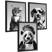POSTER 3er Set Lustige Tiere Schwarz Weiß Wandbilder Katze Dalmatiner und Panda Koch Küche Wanddeko Rahmenlos A4 - Schwarz, Papier (29.7/1/21cm) - Nacnic