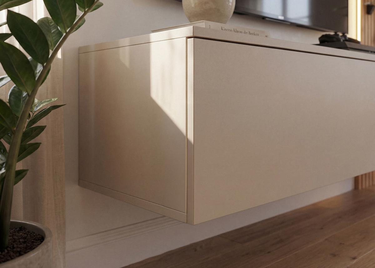 WOHNWAND Grau Lehm, Evoke Eiche 220 cm hängend, Schrankwand mit LED und Push-to-Open - Eichefarben/Hellgrau, Glas/Holzwerkstoff (220/150/40cm) - Inn.Furn