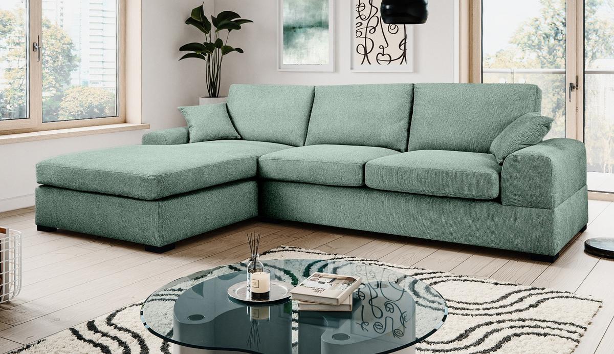 SOFA petrol Strukturstoff 308 cm, Ecksofa 5-Sitzer, L-Sofa Ottomane links - Petrol/Schwarz, Holz/Textil (308/186cm) - Inn.Furn