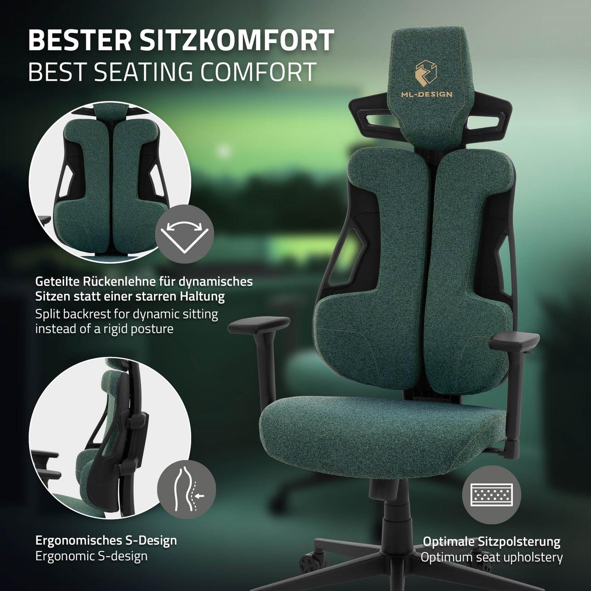 GAMINGSTUHL mit Stoffbezug in Grün Individuell Einstellbar - Schwarz/Grün, Kunststoff/Textil (69/142/68cm) - ML-DESIGN