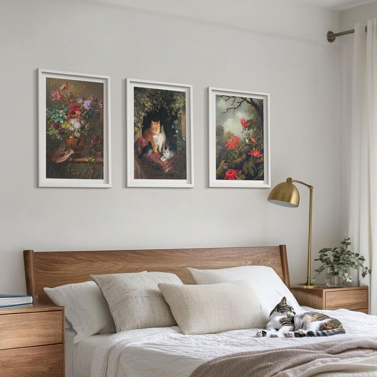 BILDER SET 3er Set - 40x60 cm Weißer Rahmen - Vintage-Blumen, Katzen, Natur - Weiß, Kunststoff (40/60cm) - TULUP