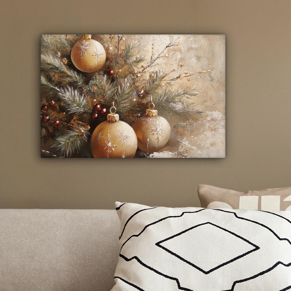LEINWANDBILD Weihnachten - Kugeln - Beige - Gold Deko Schlafzimmer 30x20 cm - Goldfarben, Textil (30/20cm) - MuchoWow
