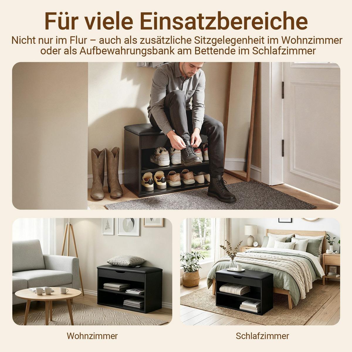 SCHUHBANK mit 2 Ablagen und Sitzkissen Schwarz 60x30x43cm - Schwarz, Holzwerkstoff (30/43/60cm) - SoBuy