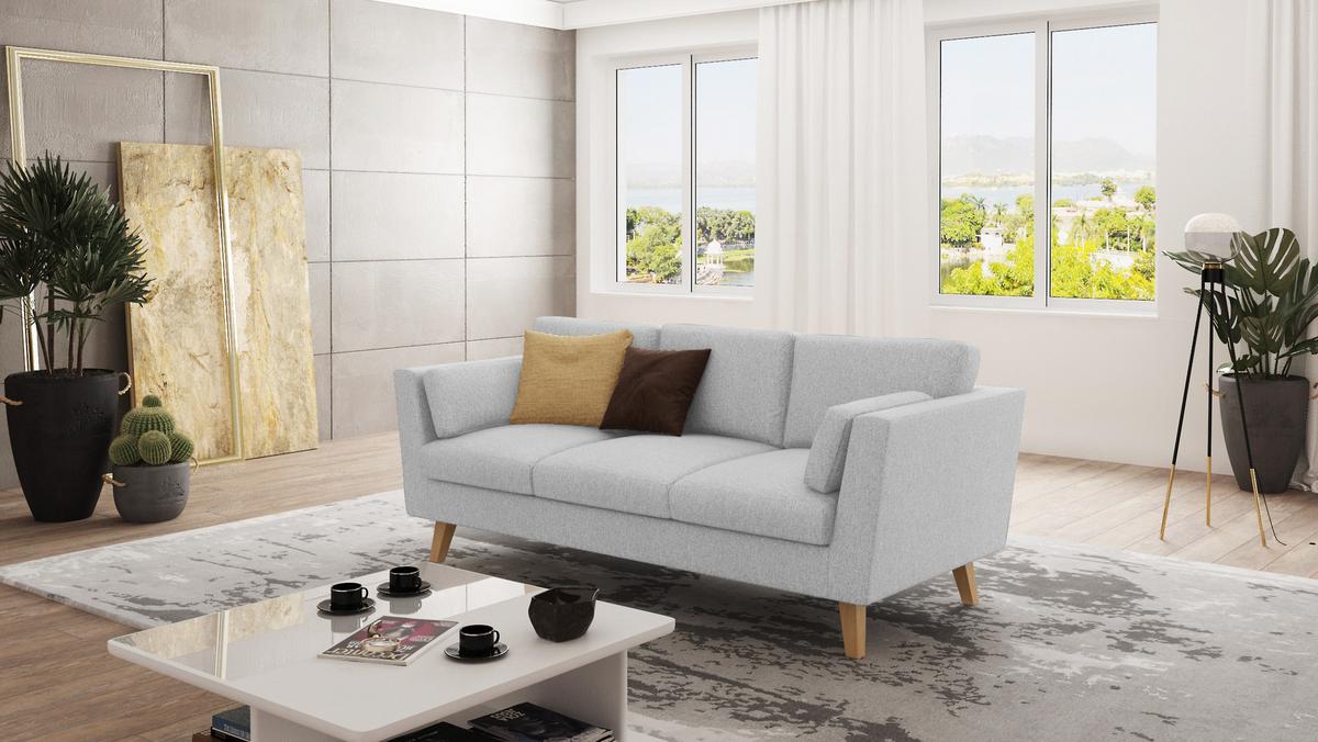 3-SITZER-SOFA Mario Silber Microfaser - Hellbraun/Silberfarben, Holz/Buchenholz (206/90/89cm) - S-Style Möbel