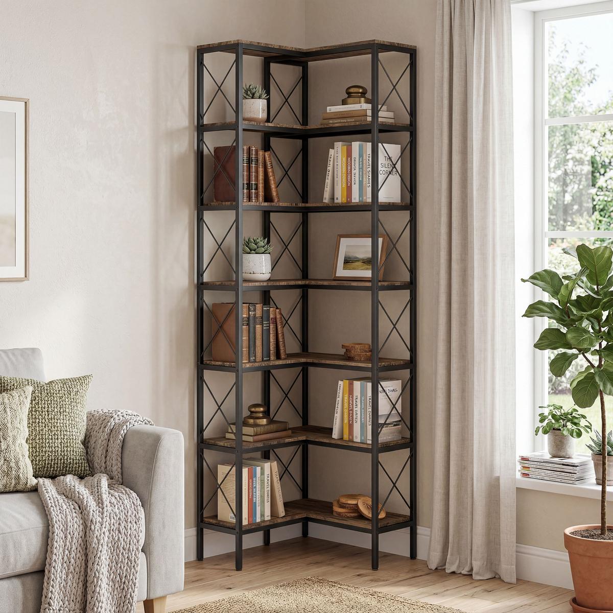 BÜCHERREGAL Spanplatte Metall Rustikal-Braun - Schwarz/Braun, Holzwerkstoff/Metall (60/200/60cm) - HOMCOM