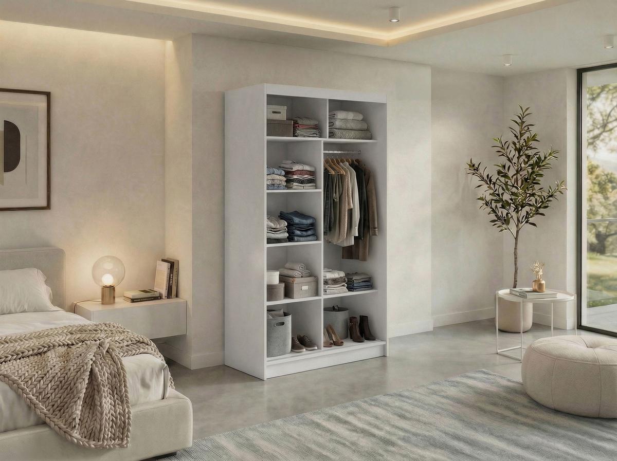 SCHWEBETÜRENSCHRANK mit Lamellen LUMOS - 120 - Weiß und Eiche Artisan - Alufarben/Weiß, Holzwerkstoff/Metall (120/216/61cm) - MKS