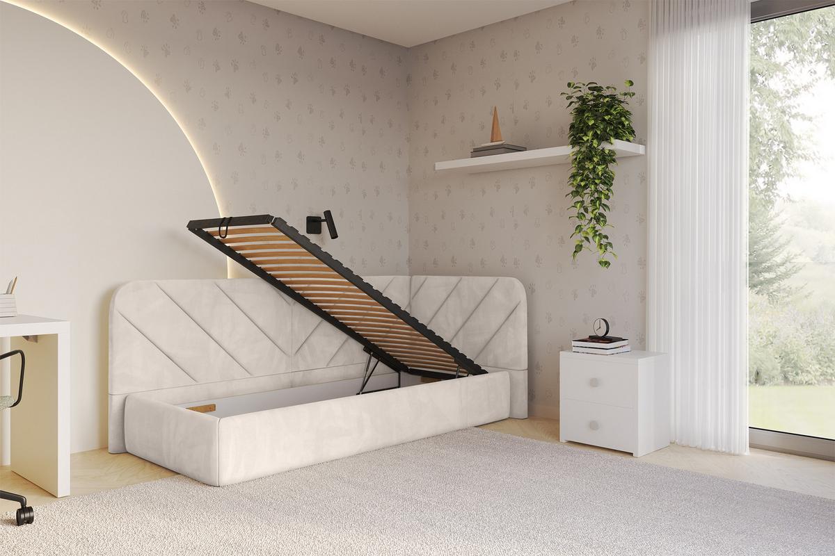 EINZELLBETT Jugendbett mit Bettkasten, Links - FIKY 100x200 Beige - Ecru, Holzwerkstoff/Textil (100/200cm) - ALTDECOR
