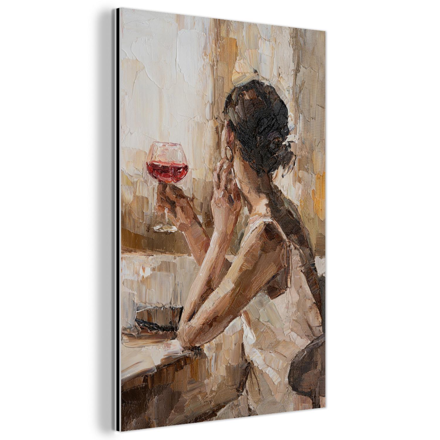 METALLBILD Ölgemälde - Frau - Wein Deko Schlafzimmer 40x60 cm - Hellbraun, Metall (40/60cm) - MuchoWow