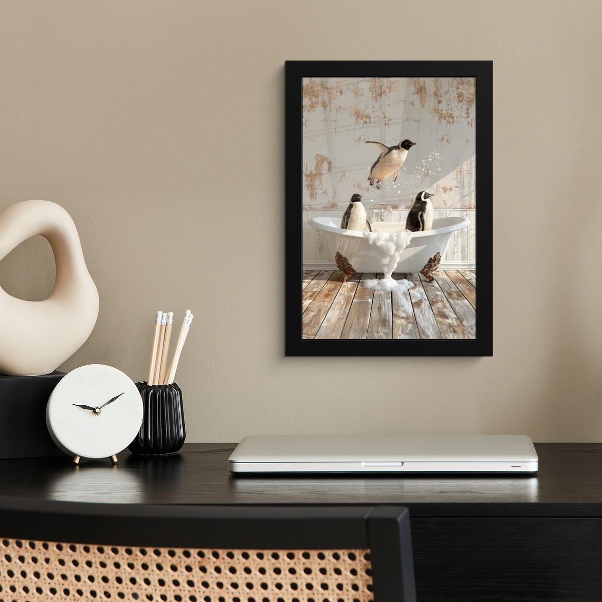 POSTER MIT RAHMEN Vintage - Pinguin - Badewanne - Schaumstoff Poster 20x30 cm - Schwarz, Papier (20/30cm) - MuchoWow