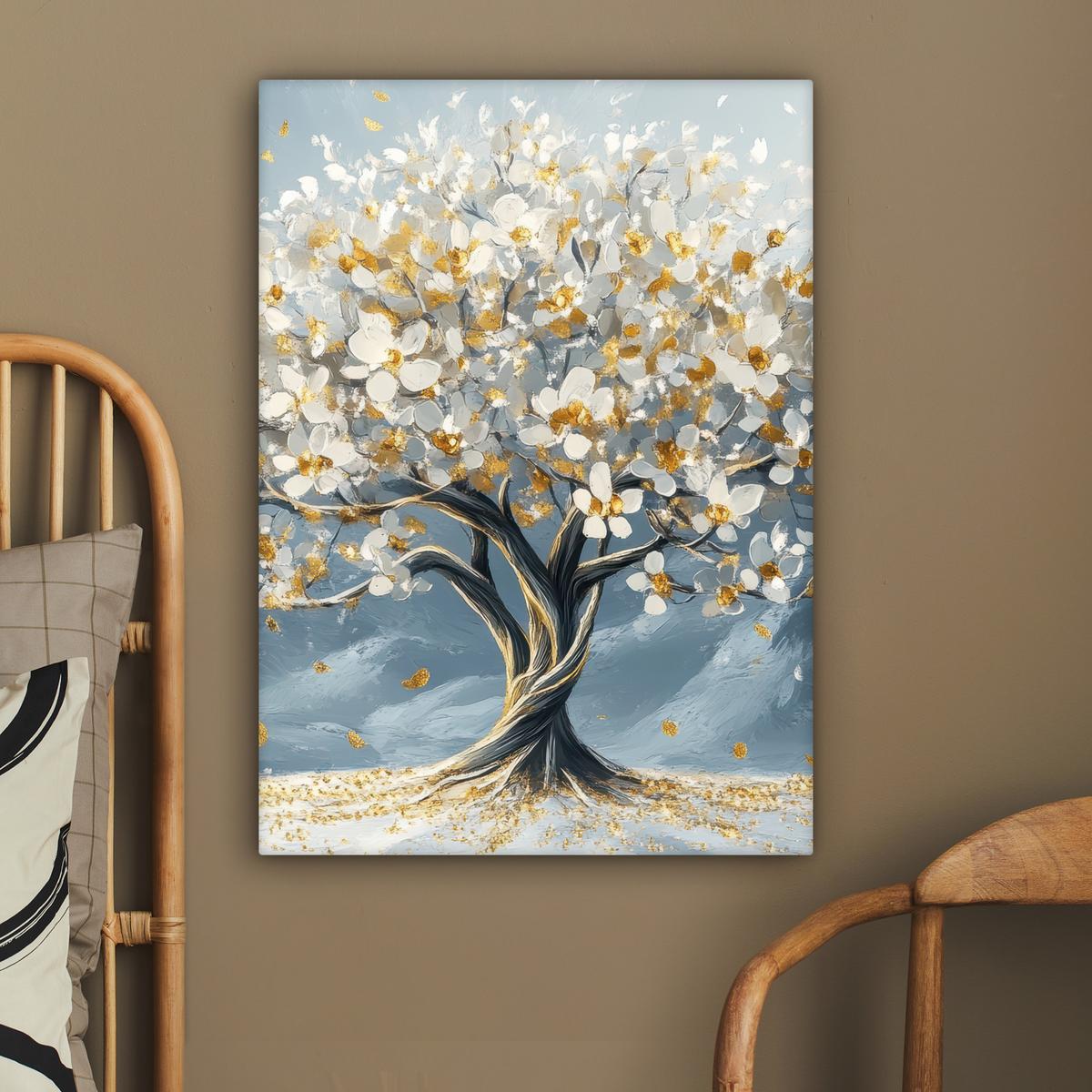 LEINWANDBILD Baum - Winter - Baum des Lebens - Modern - Gold Wandbild Wohnzimmer 60x80 cm - Goldfarben, Textil (60/80cm) - MuchoWow